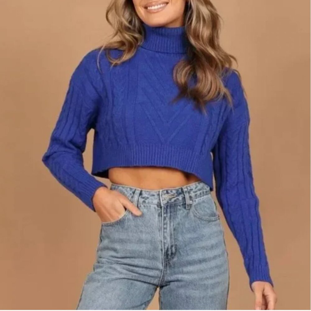 Petal & Pup Kellan Turtleneck Cable Crop Knit Sweater